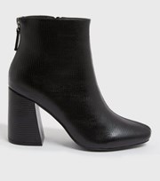 New Look Black Faux Croc Zip Back Flared Block Heel Ankle Boots
